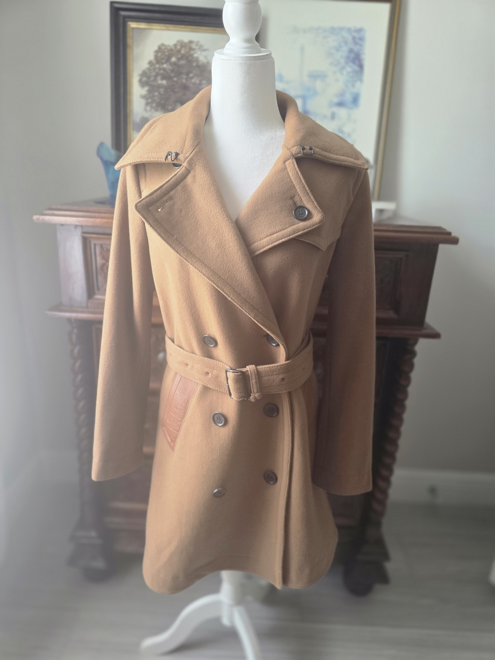 Coach Camel Double-Breasted Wool-Blend Trench Coat